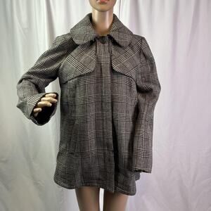 PEPPE PELUSO Coat Womens Medium Gray Plaid Hooded Wool Blend Overcoat Lined
